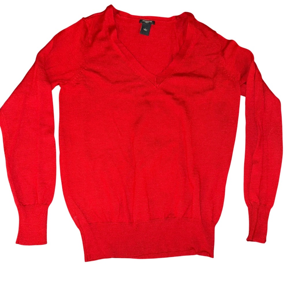 Ann Taylor Red V Neck merino Wool blend Long Sleeve Sweater Knit Top Size L
